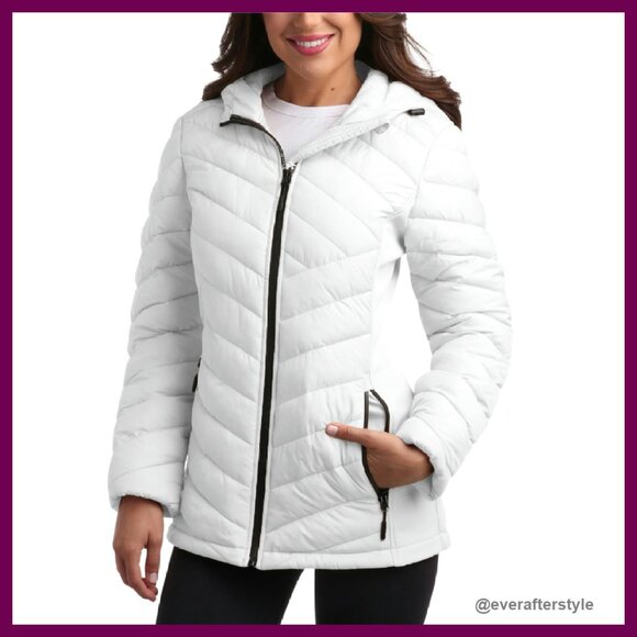 Midweight Quilted Puffer Jacket Full Zip Hooded Winter Coat Chic Versatile